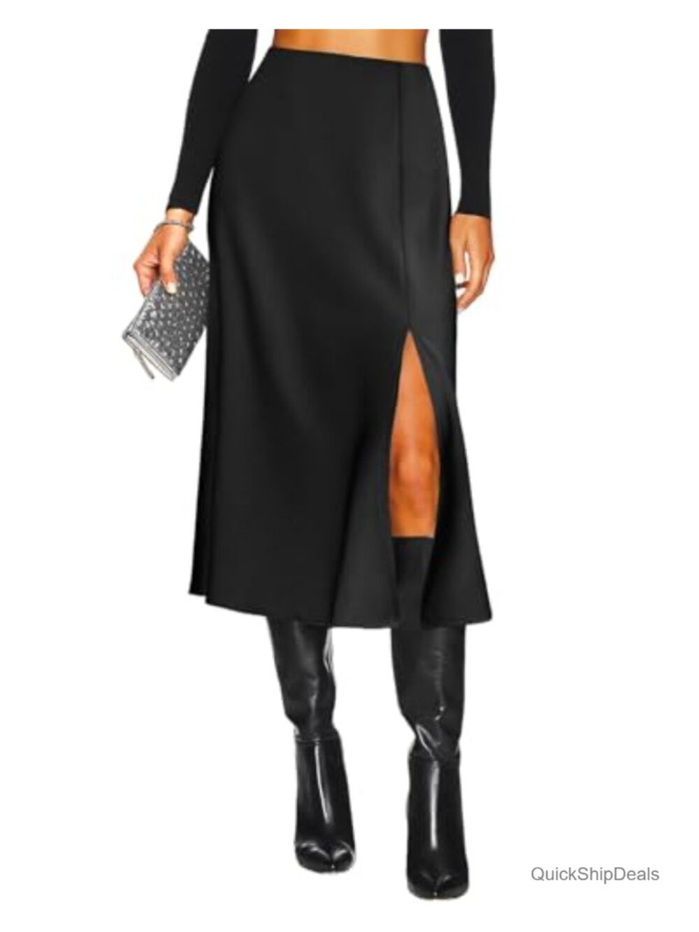 High Waisted Slit Satin Midi Skirt A-Line Silk Long Skirt